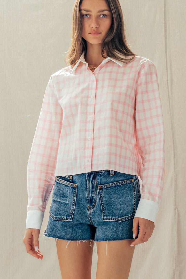 plaid contrast collar blouse - pink (additional view)