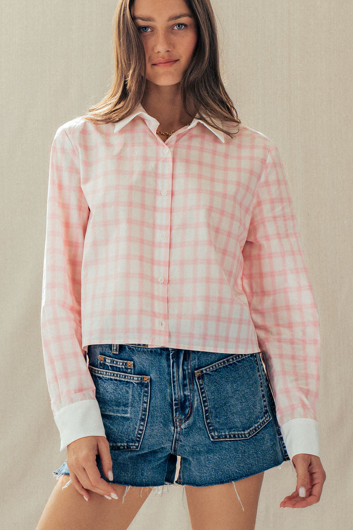 plaid contrast collar blouse - pink (additional view)