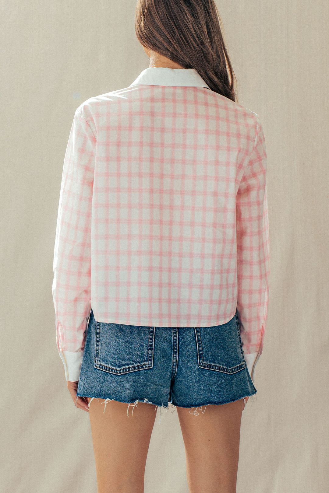 plaid contrast collar blouse - pink (additional view)