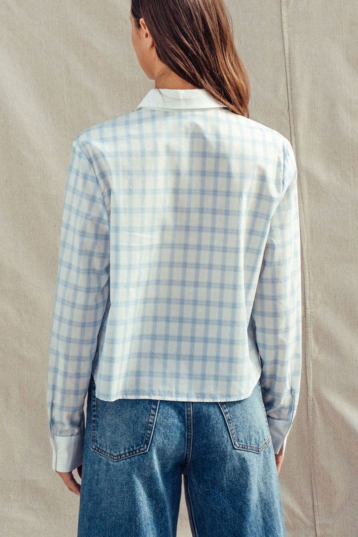 plaid contrast collar blouse - blue (additional view)