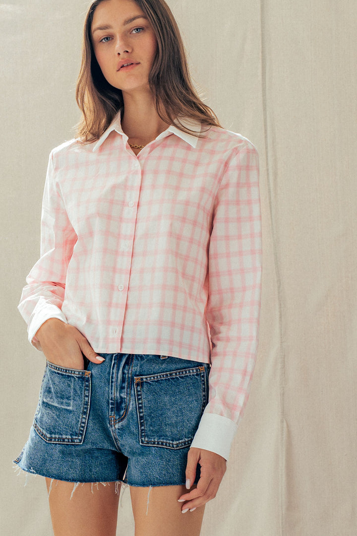 plaid contrast collar blouse - pink (additional view)
