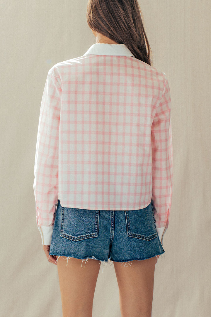 plaid contrast collar blouse - pink (additional view)