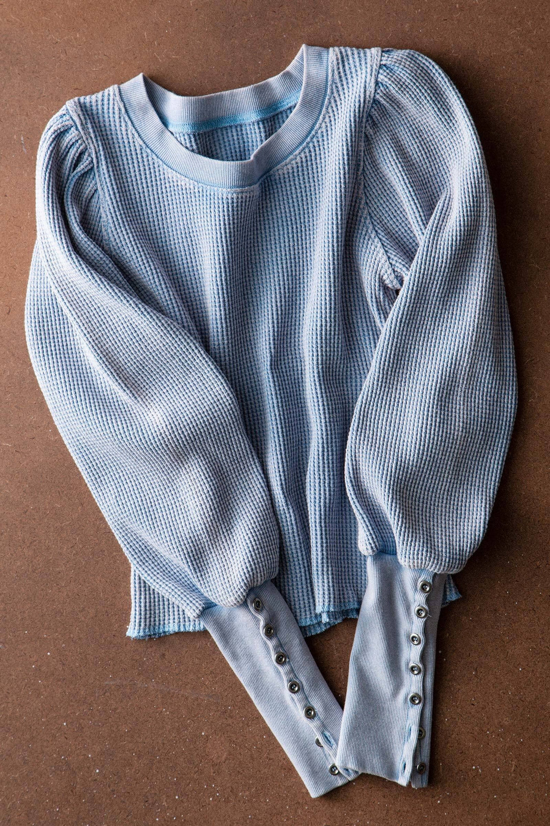 waffle knit puff sleeve casual tops - blue