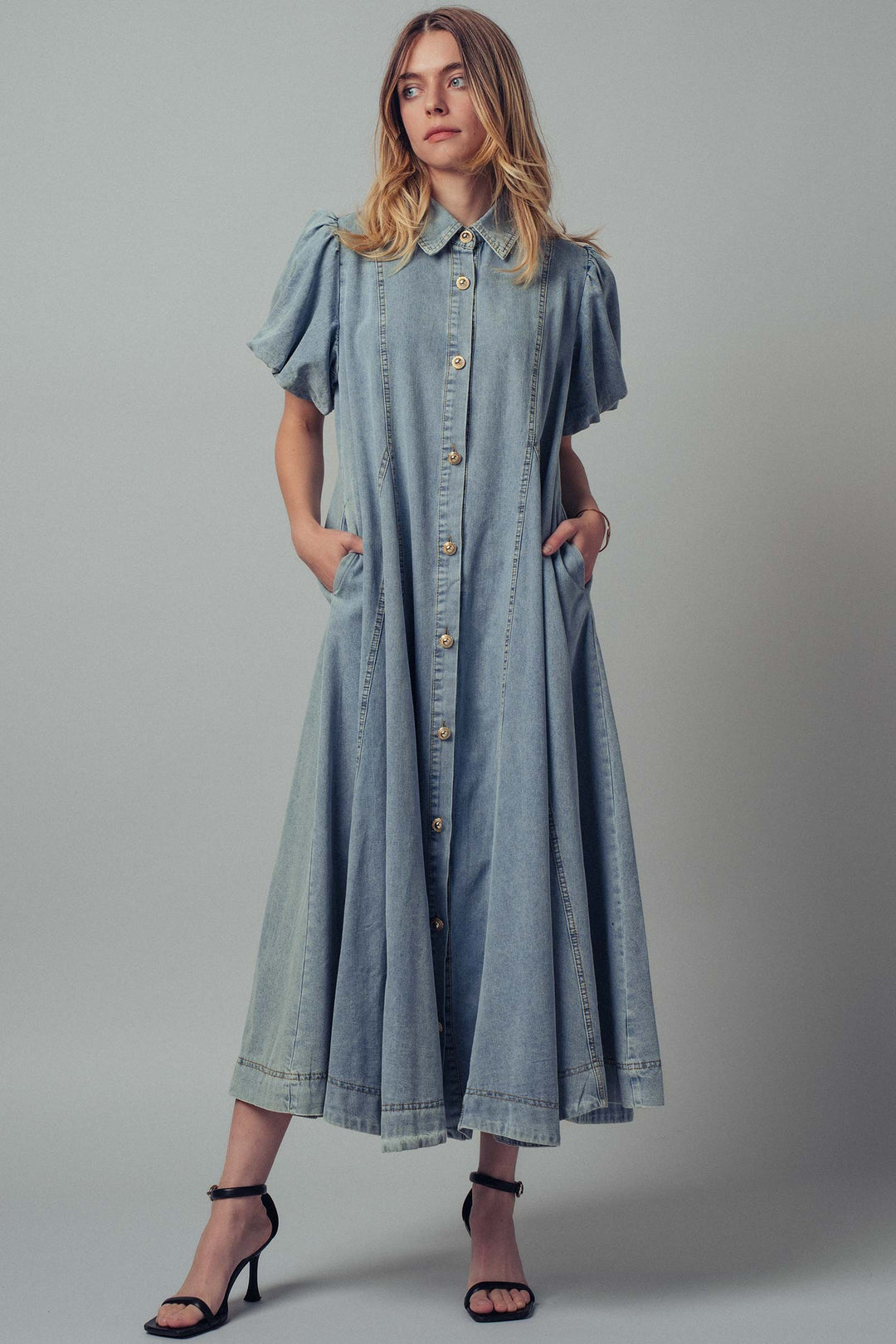 denim puff sleeve maxi dress - lt denim
