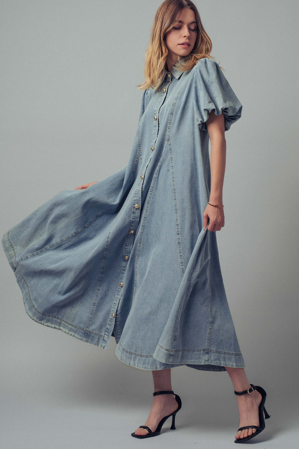 denim puff sleeve maxi dress - lt denim (additional view)