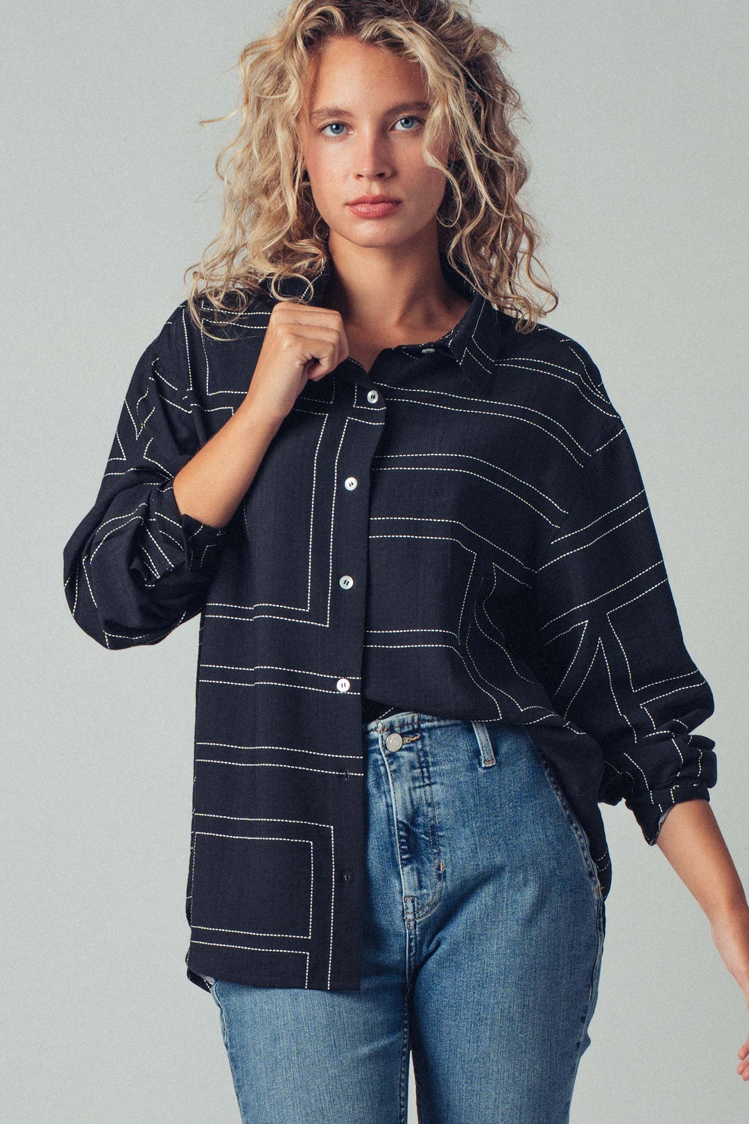 Modern Stitched Geometric Button-Up Shirt