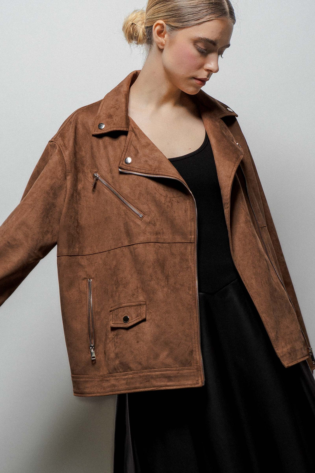oversized suede moto style jacket with pockets - brown