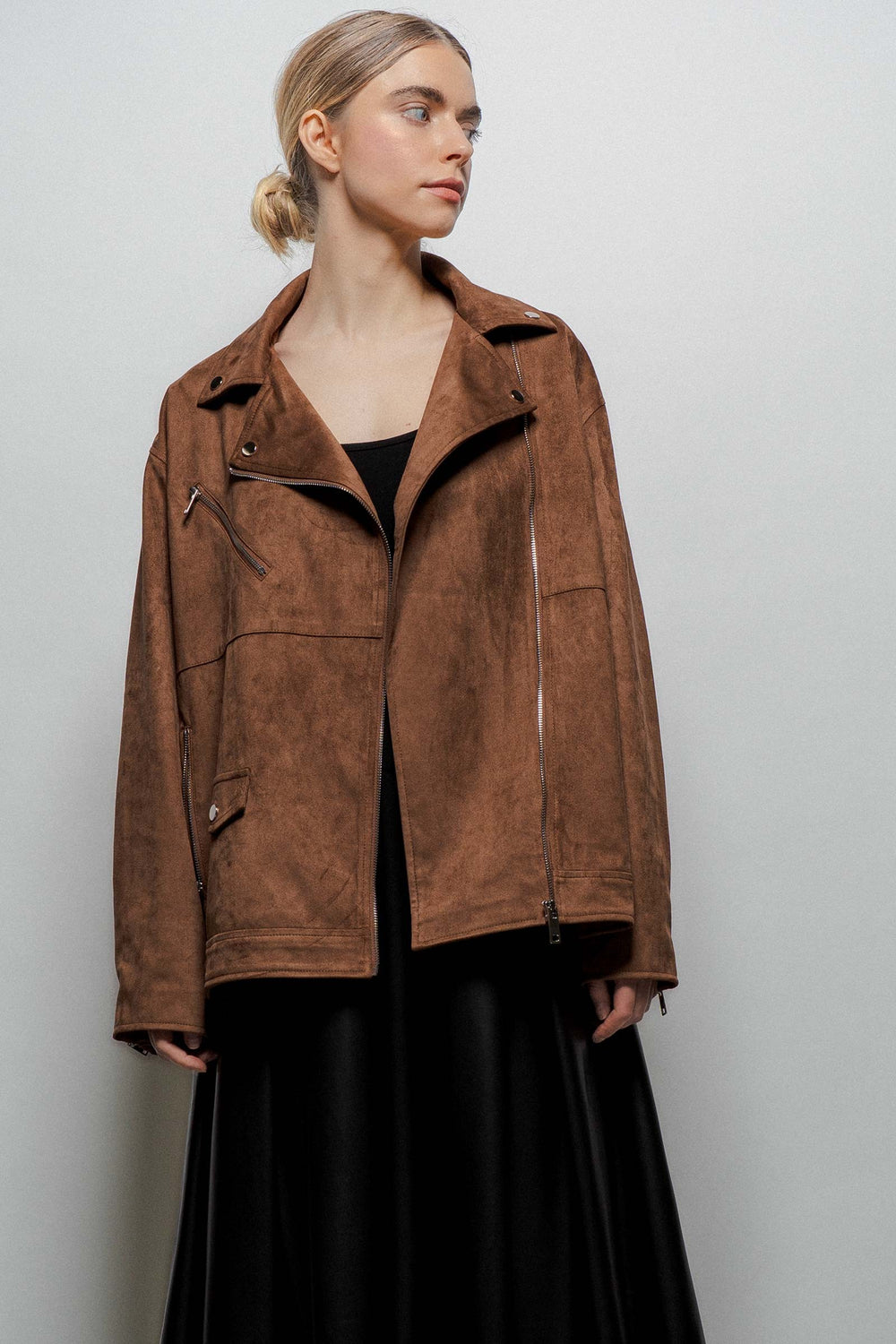 oversized suede moto style jacket with pockets - brown (additional view)