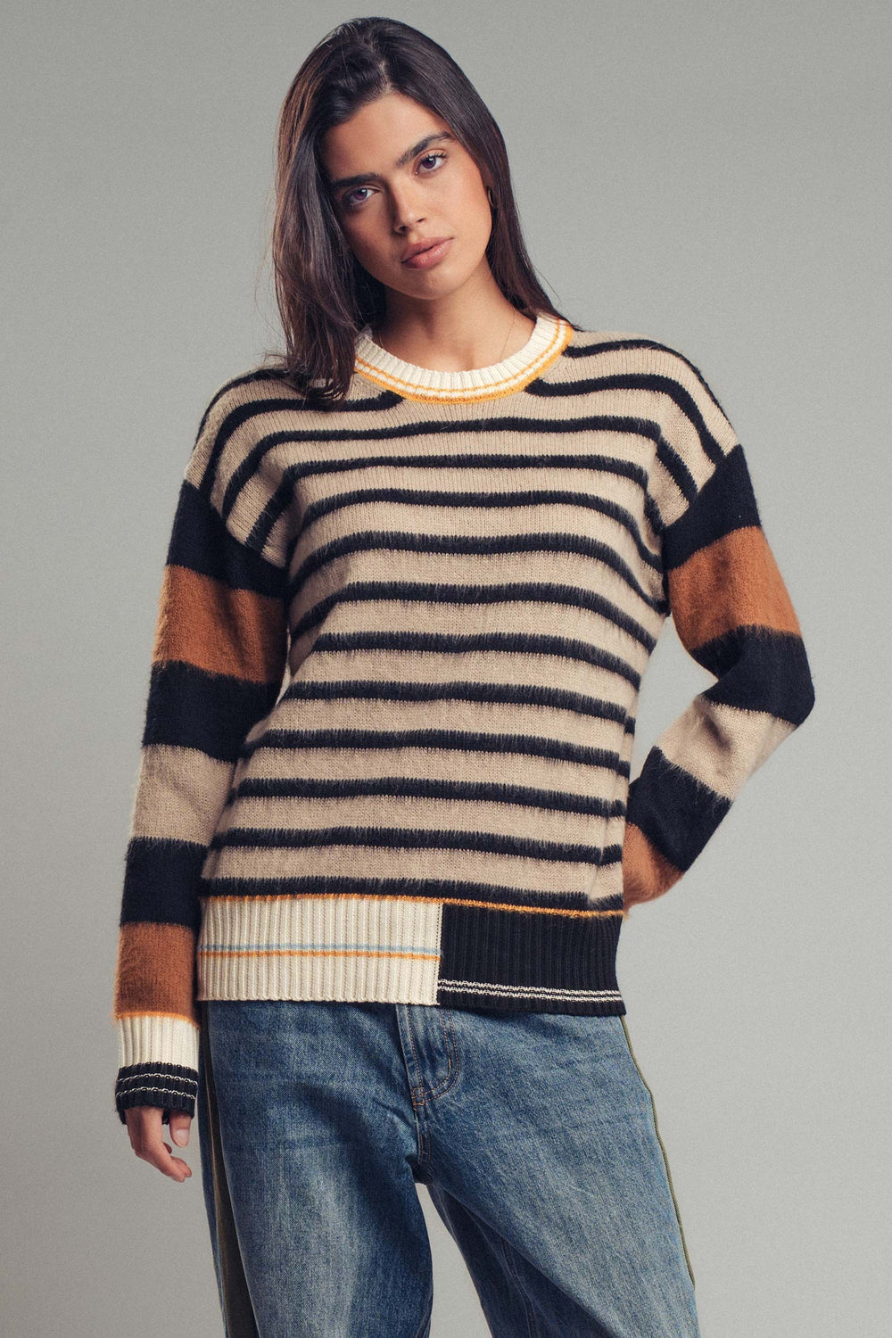 fuzzy striped pullover sweater with patch details - multi (additional view)