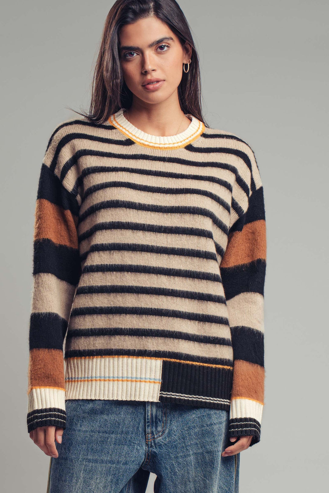 fuzzy striped pullover sweater with patch details - multi