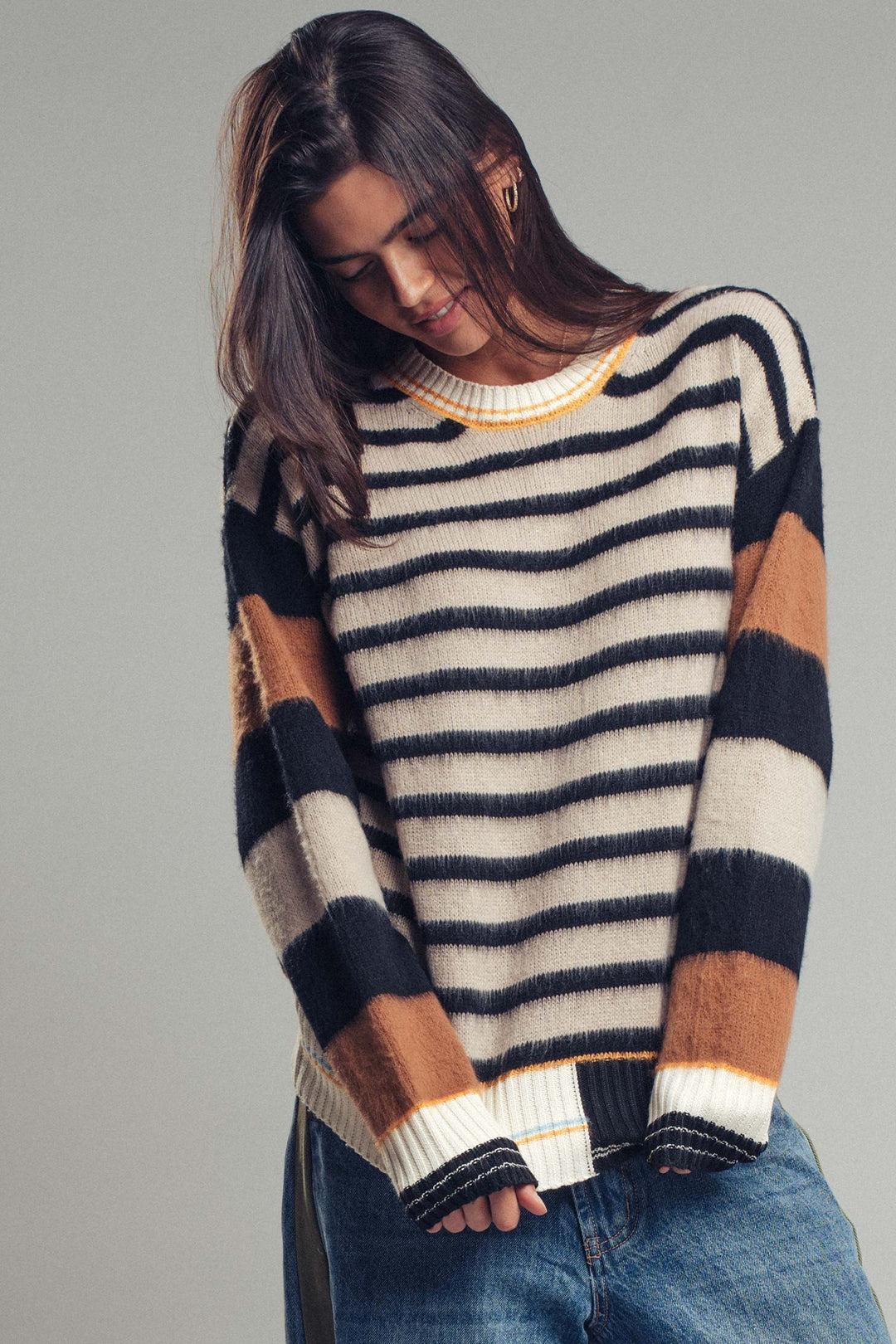 fuzzy striped pullover sweater with patch details - multi (additional view)