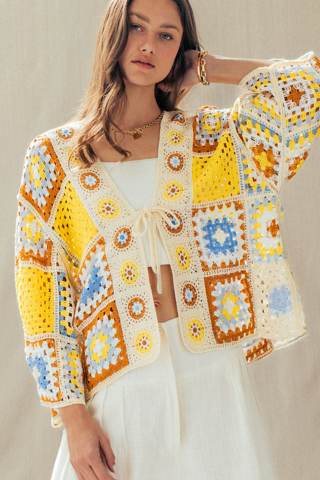 vintage sunshine crochet cardigan - yellow multi