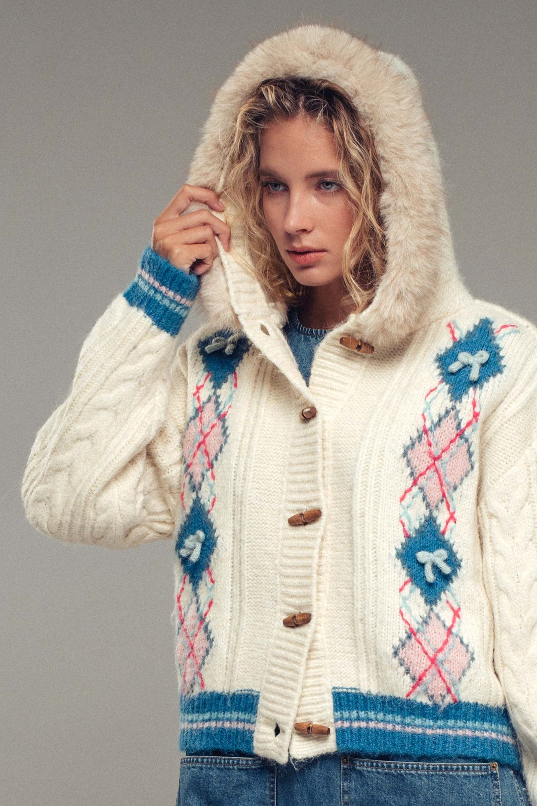Wool Blend Hooded Cardigan With Detachable Fur