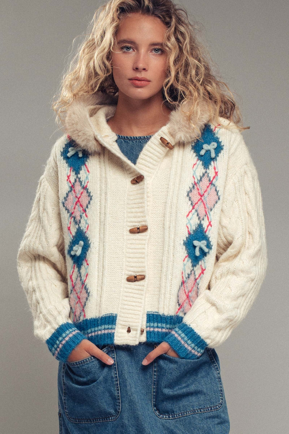Wool Blend Hooded Cardigan With Detachable Fur, additional view