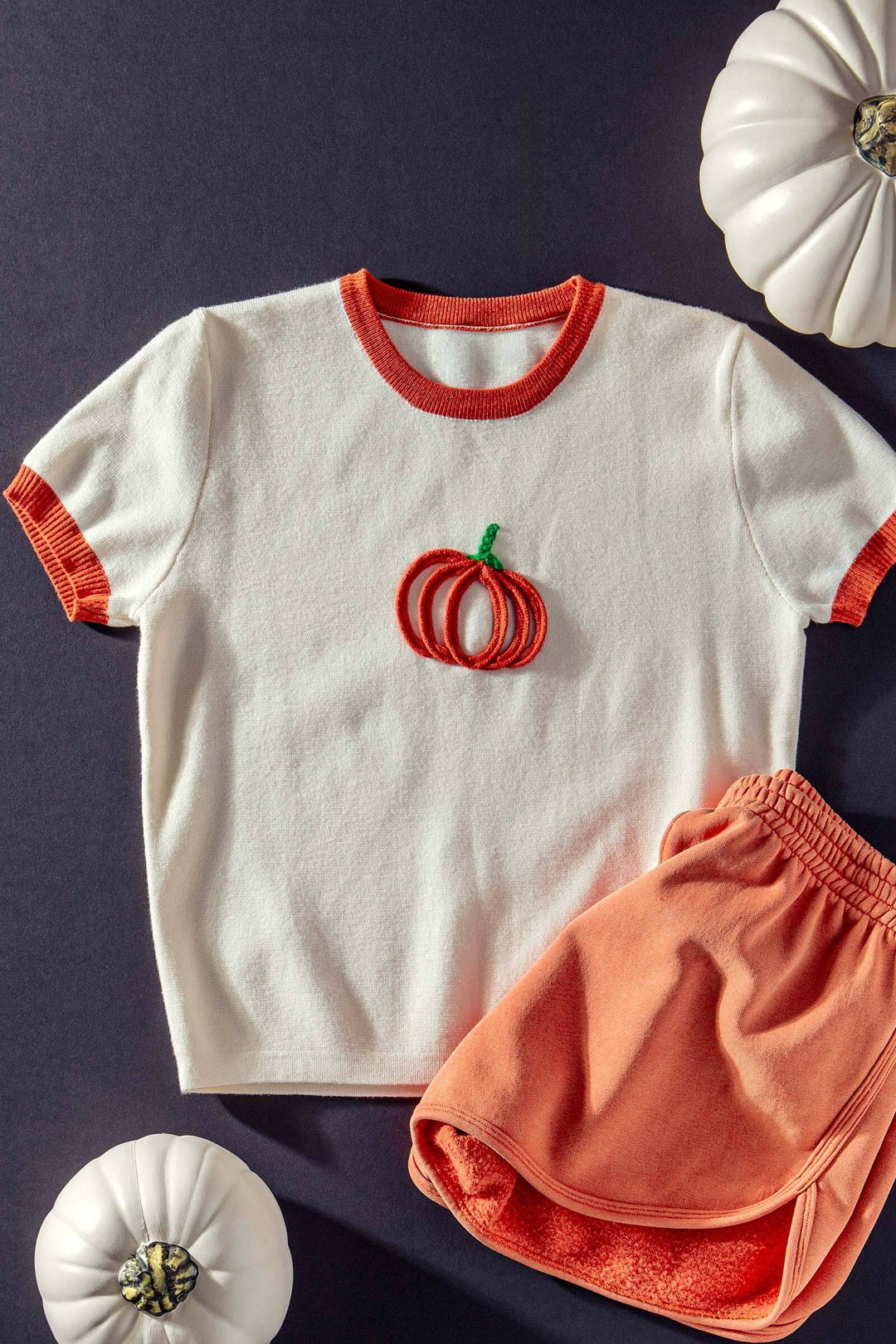 pumpkin embroidered crew neck knit tee - ivory