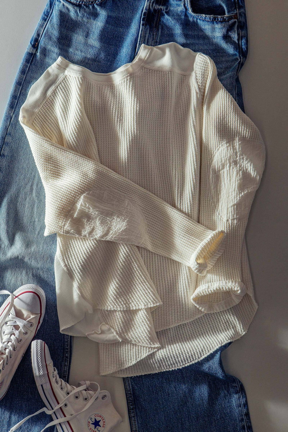 waffle knit cotton patch top - ivory