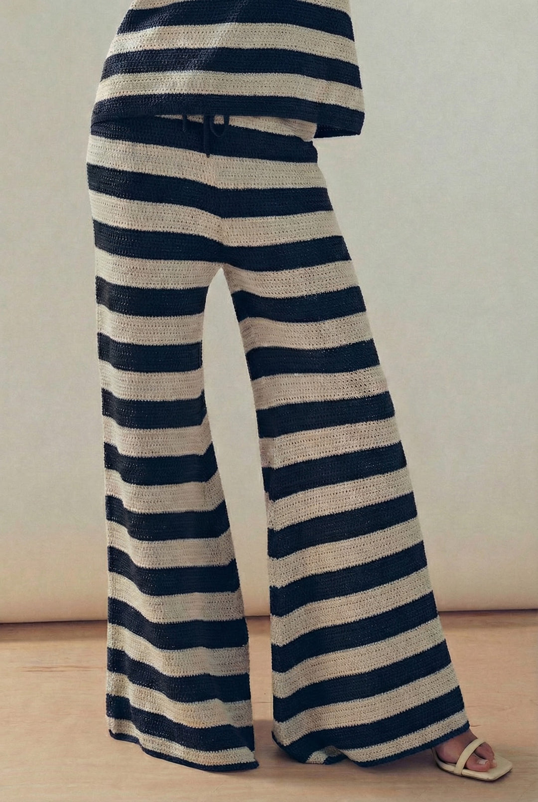 seaside stripe crochet knit wide leg pants - black
