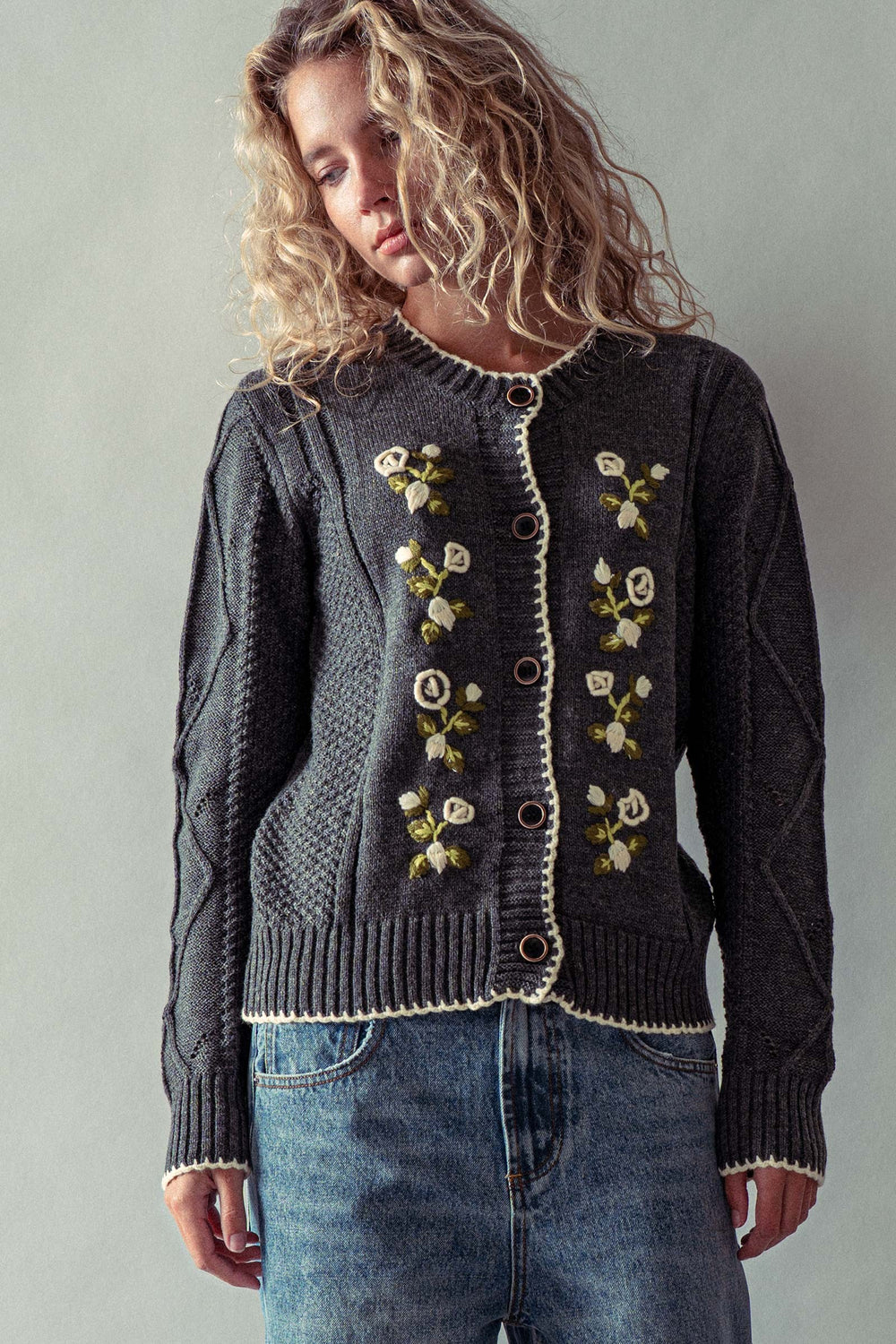 embroided floral knit cardigan - charcoal (additional view)