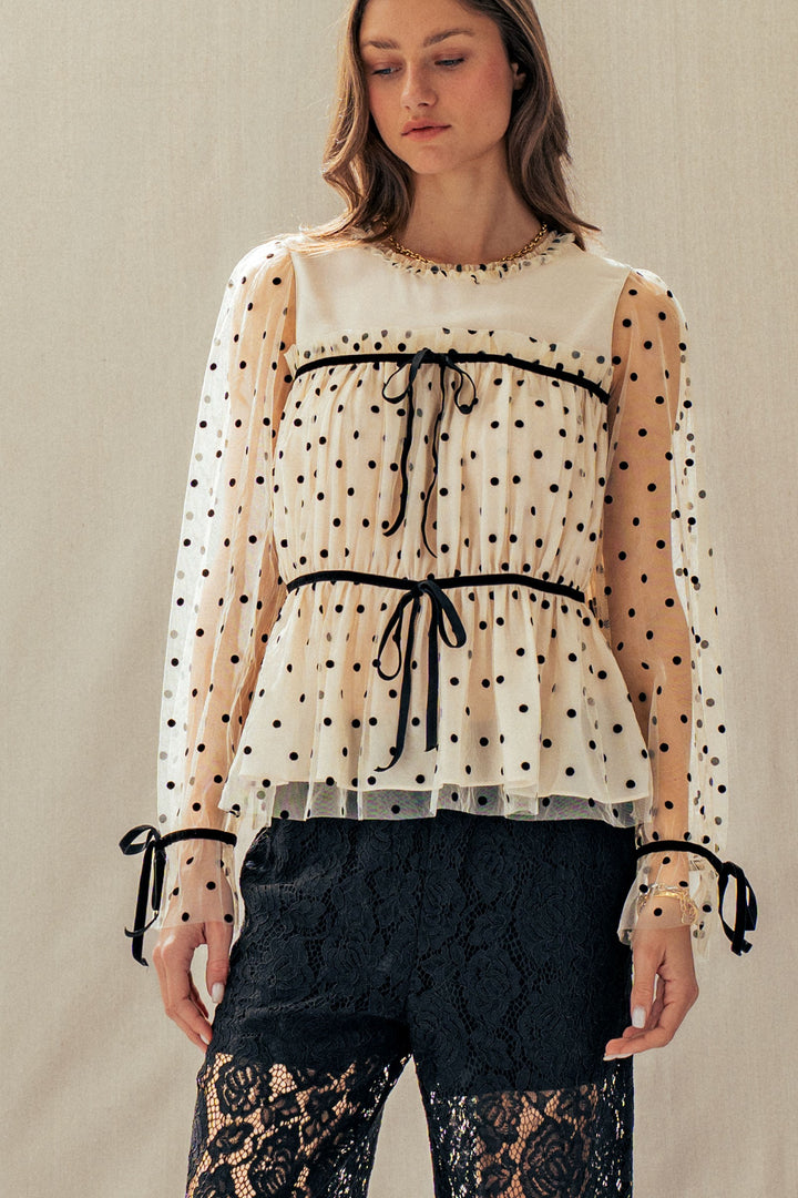 dot sheer tie detail blouse - ivory black