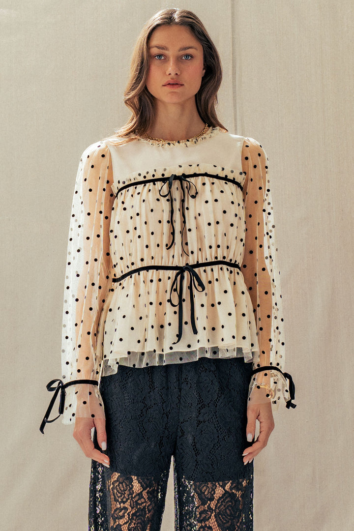 dot sheer tie detail blouse - ivory black (additional view)