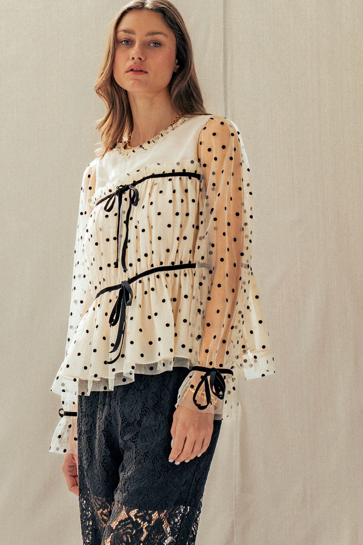 dot sheer tie detail blouse - ivory black (additional view)