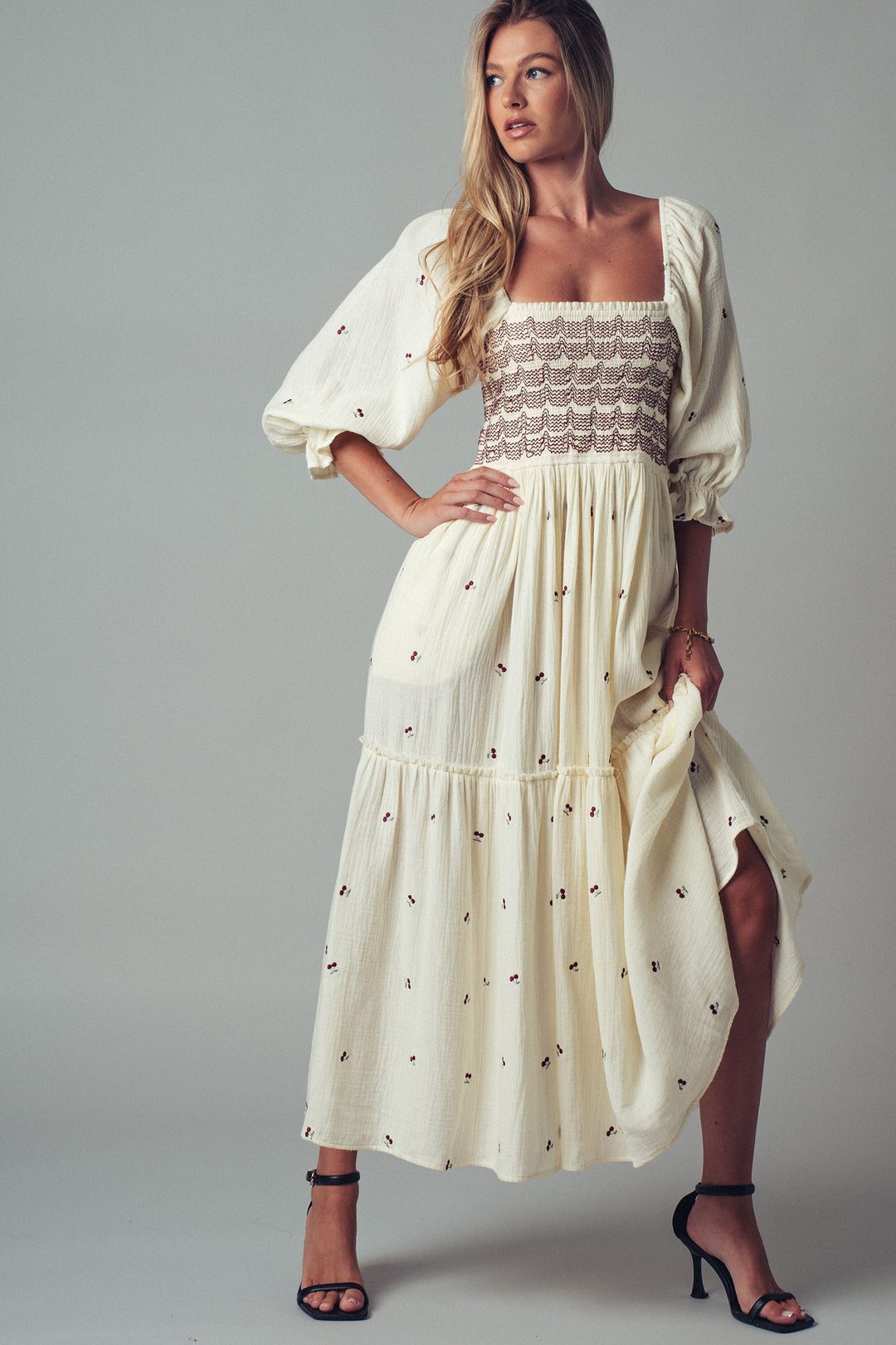 boho western smocked maxi dress with puff sleeves - ivory