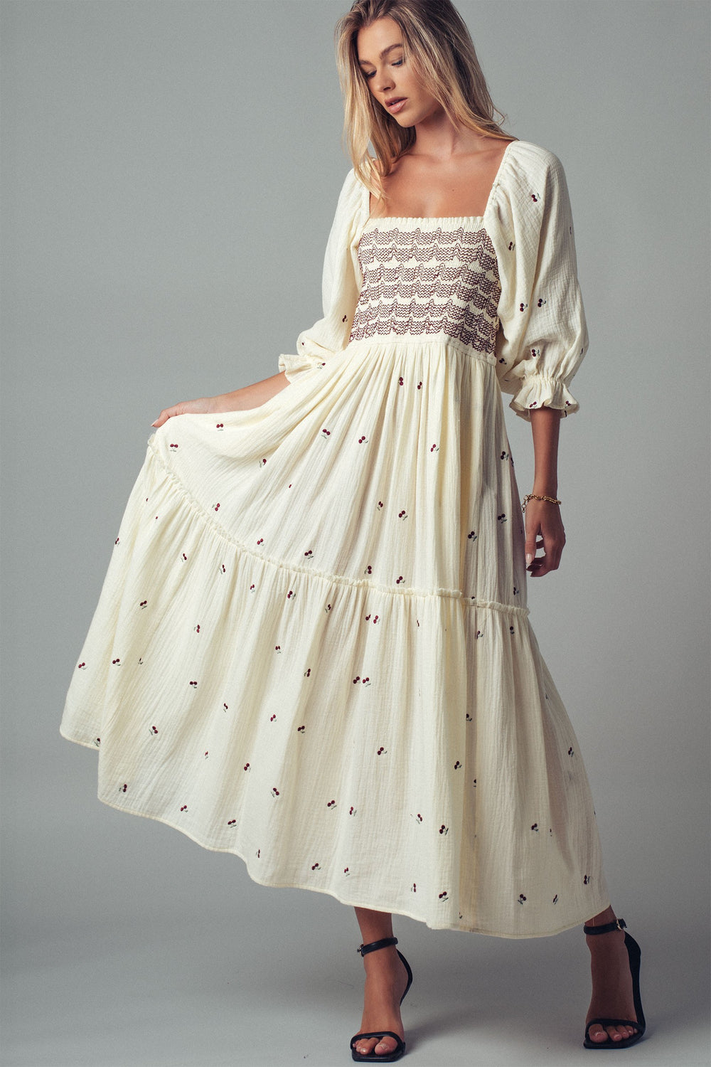 boho western smocked maxi dress with puff sleeves - ivory (additional view)