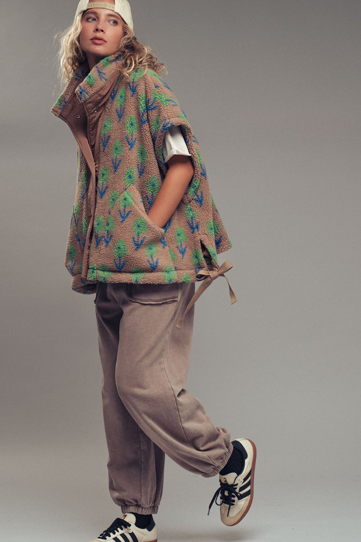 floral sherpa oversize vest - taupegreen (additional view)