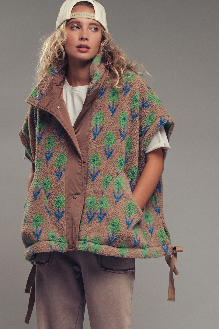 floral sherpa oversize vest - taupegreen (additional view)
