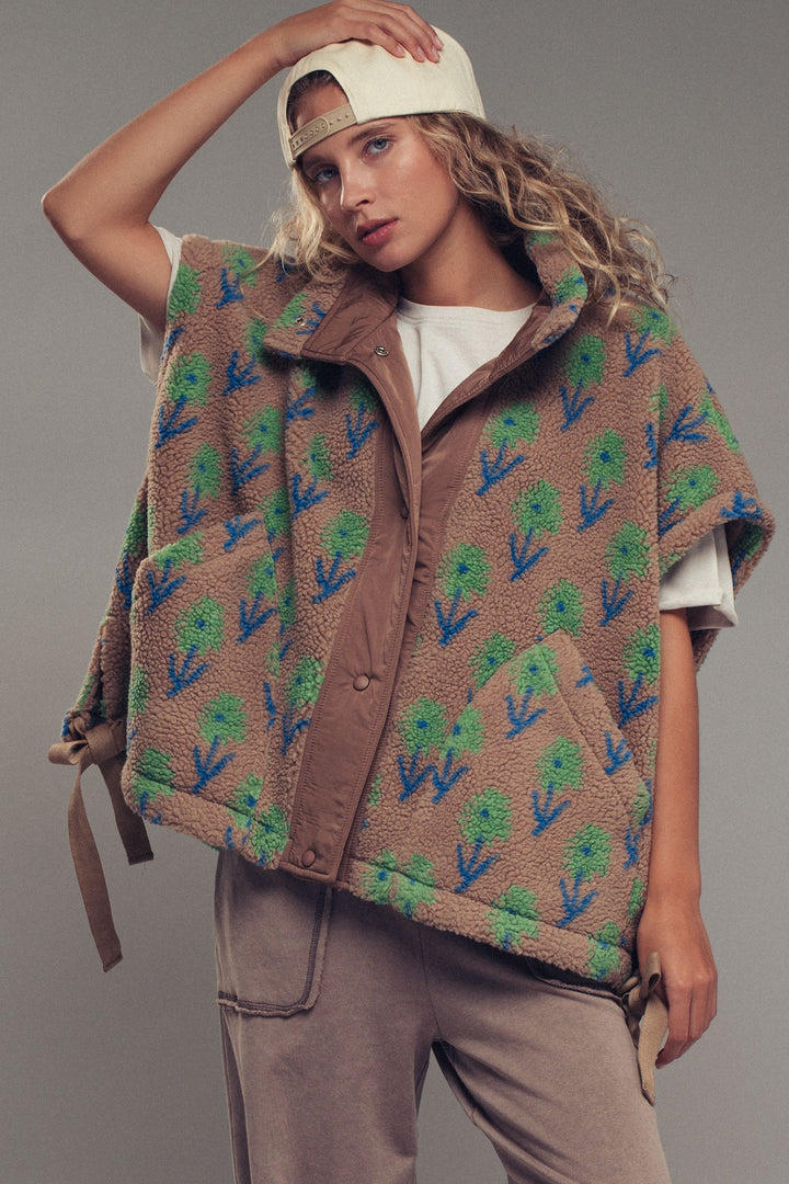 floral sherpa oversize vest - taupegreen (additional view)