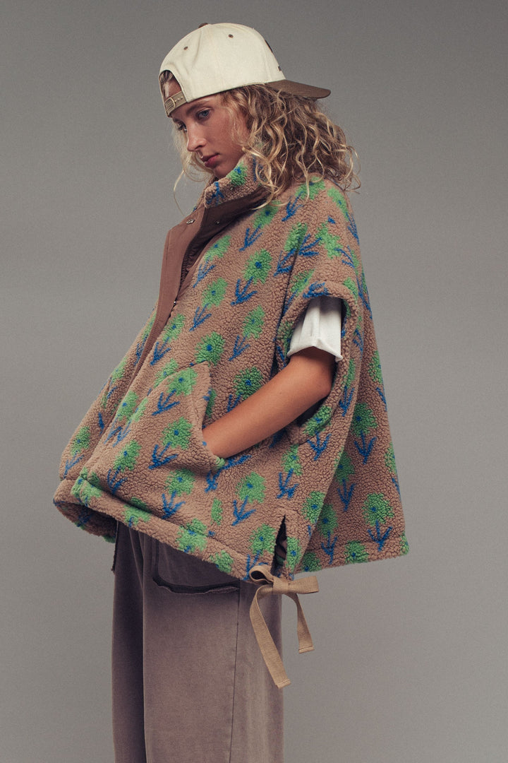 floral sherpa oversize vest - taupegreen (additional view)