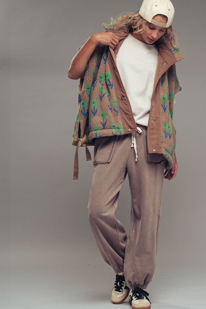 floral sherpa oversize vest - taupegreen (additional view)