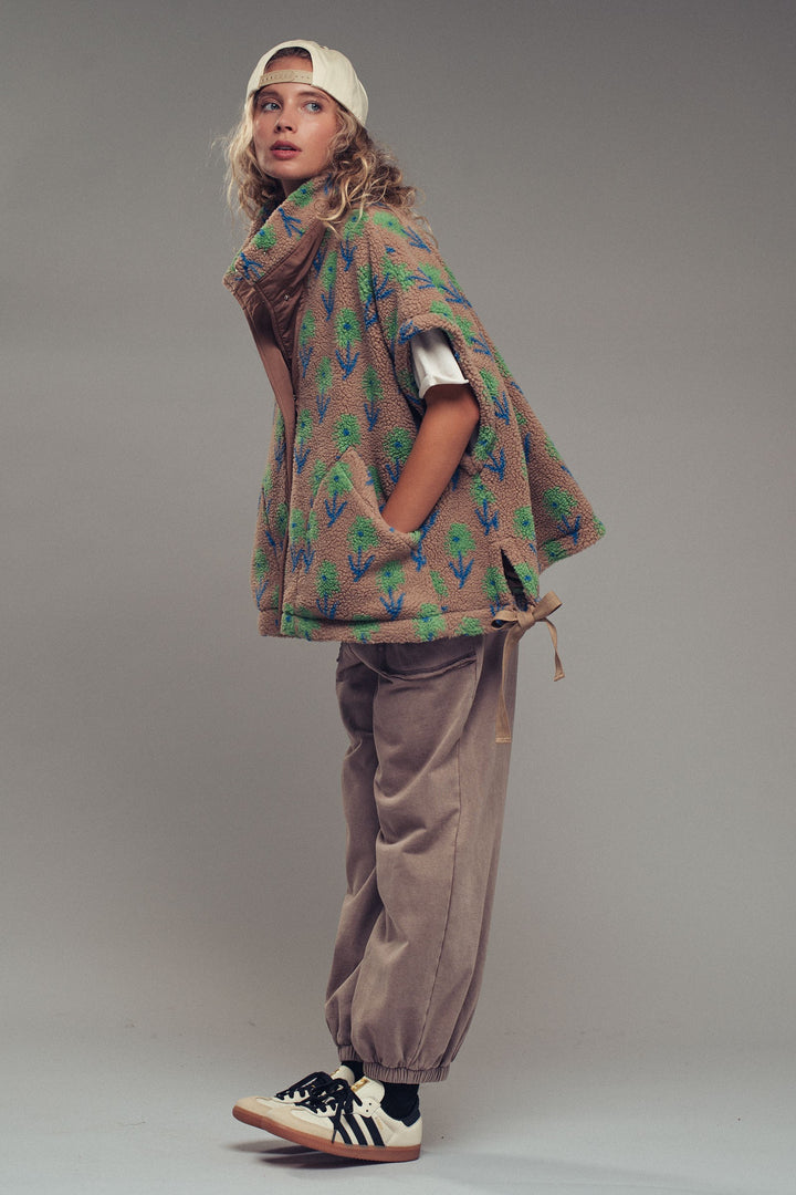 floral sherpa oversize vest - taupegreen (additional view)