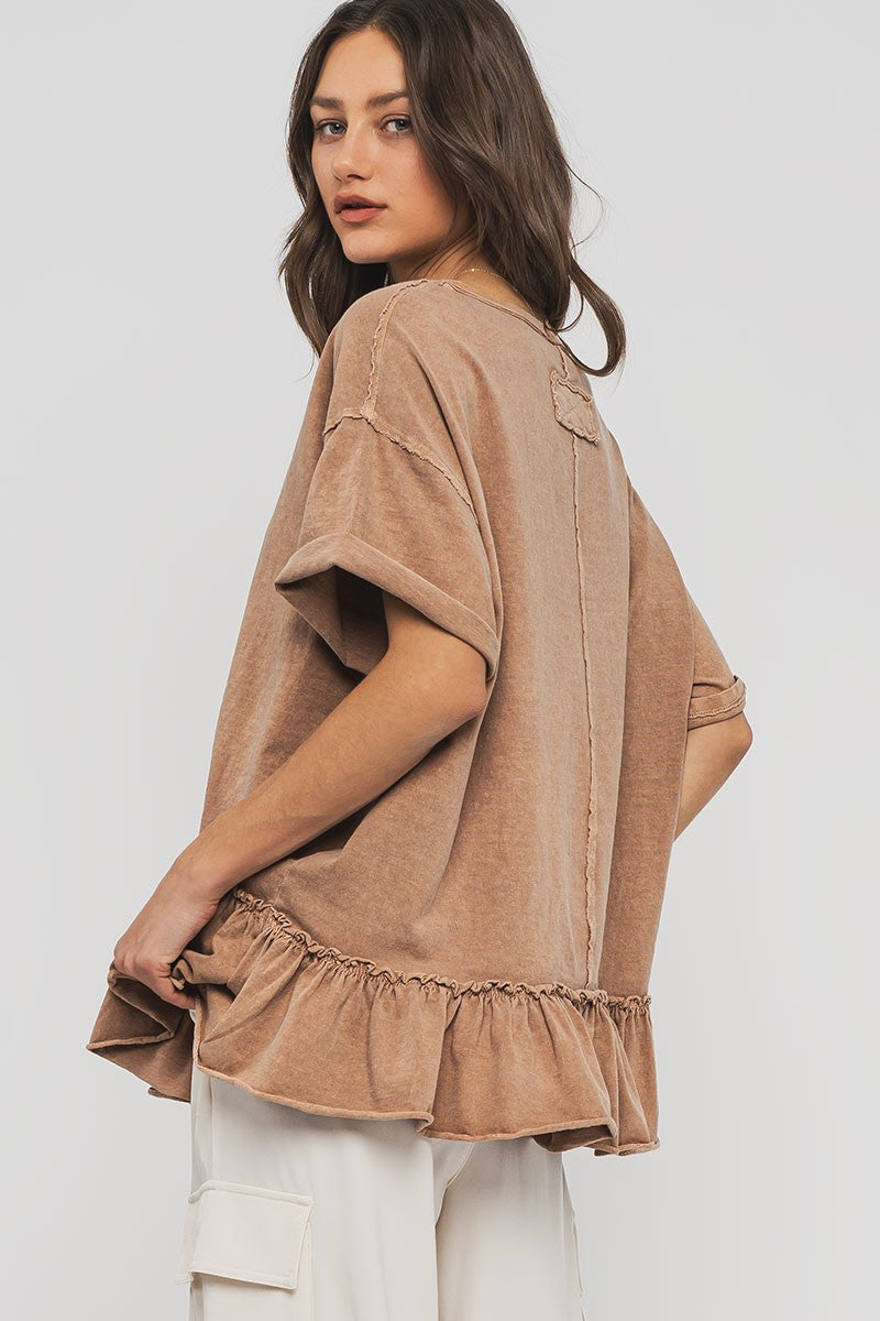 ruffle hem oversized casual cotton boho top - taupe