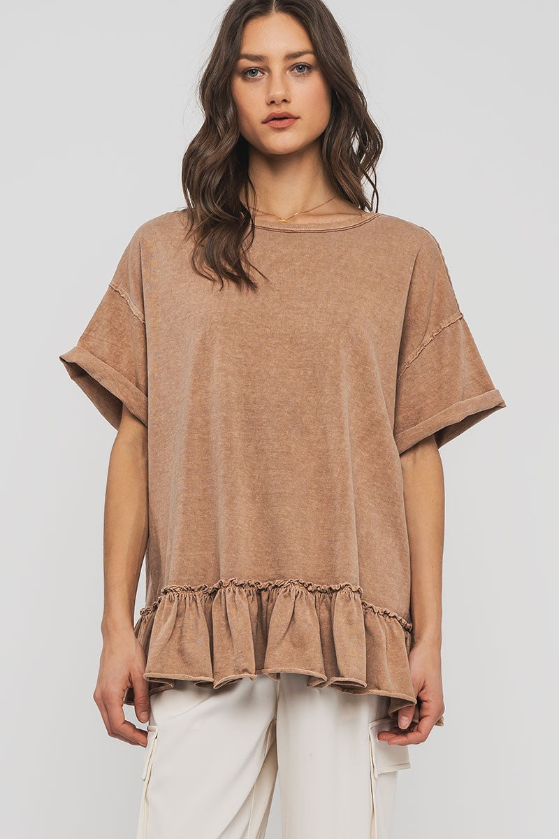 ruffle hem oversized casual cotton boho top - taupe (additional view)
