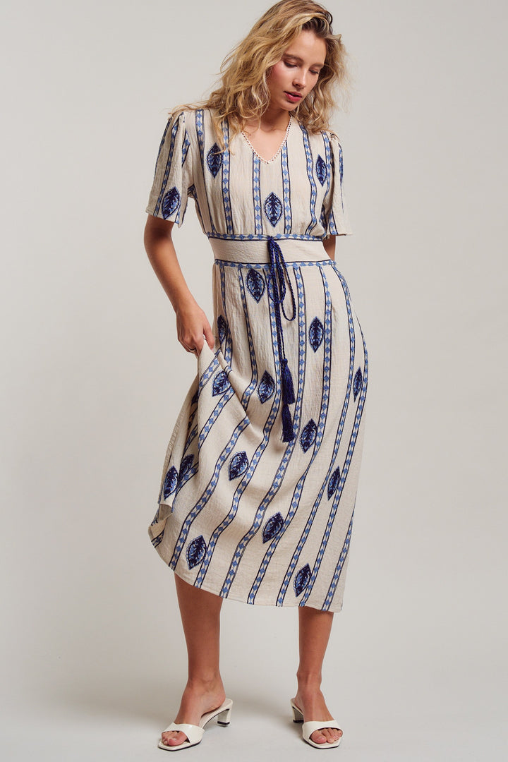 malta stripe embroidered camp midi dress - cream blue