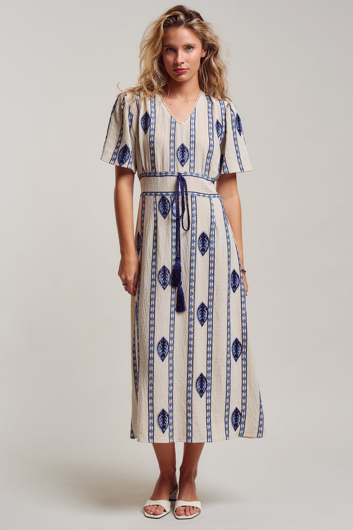 malta stripe embroidered camp midi dress - cream blue (additional view)