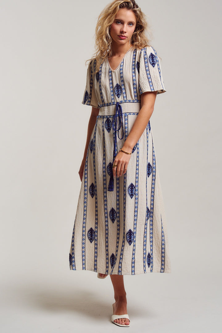 malta stripe embroidered camp midi dress - cream blue (additional view)