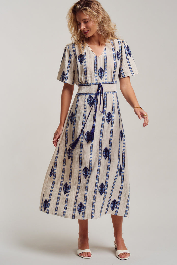 malta stripe embroidered camp midi dress - cream blue (additional view)