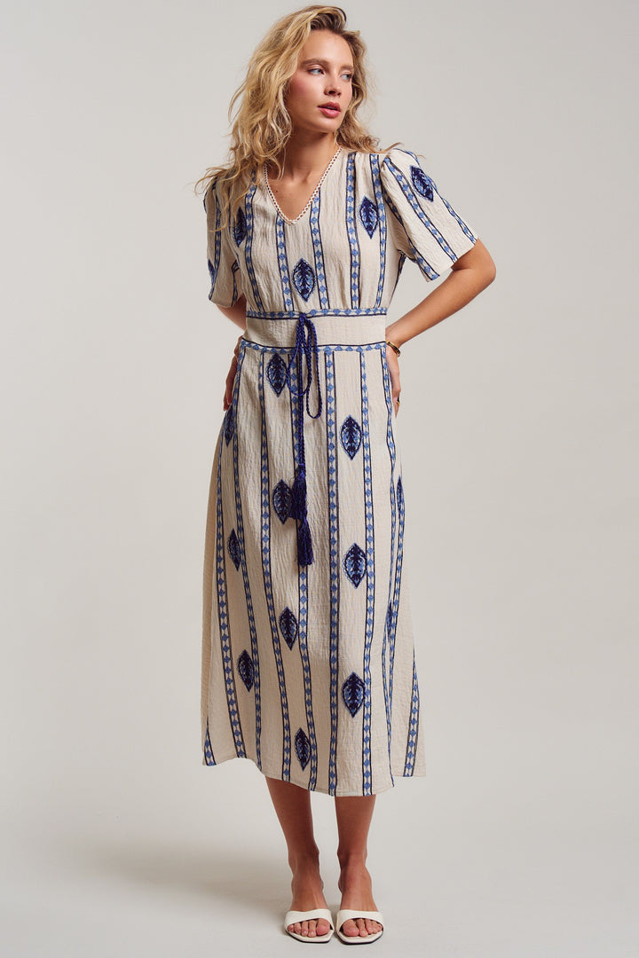 malta stripe embroidered camp midi dress - cream blue (additional view)