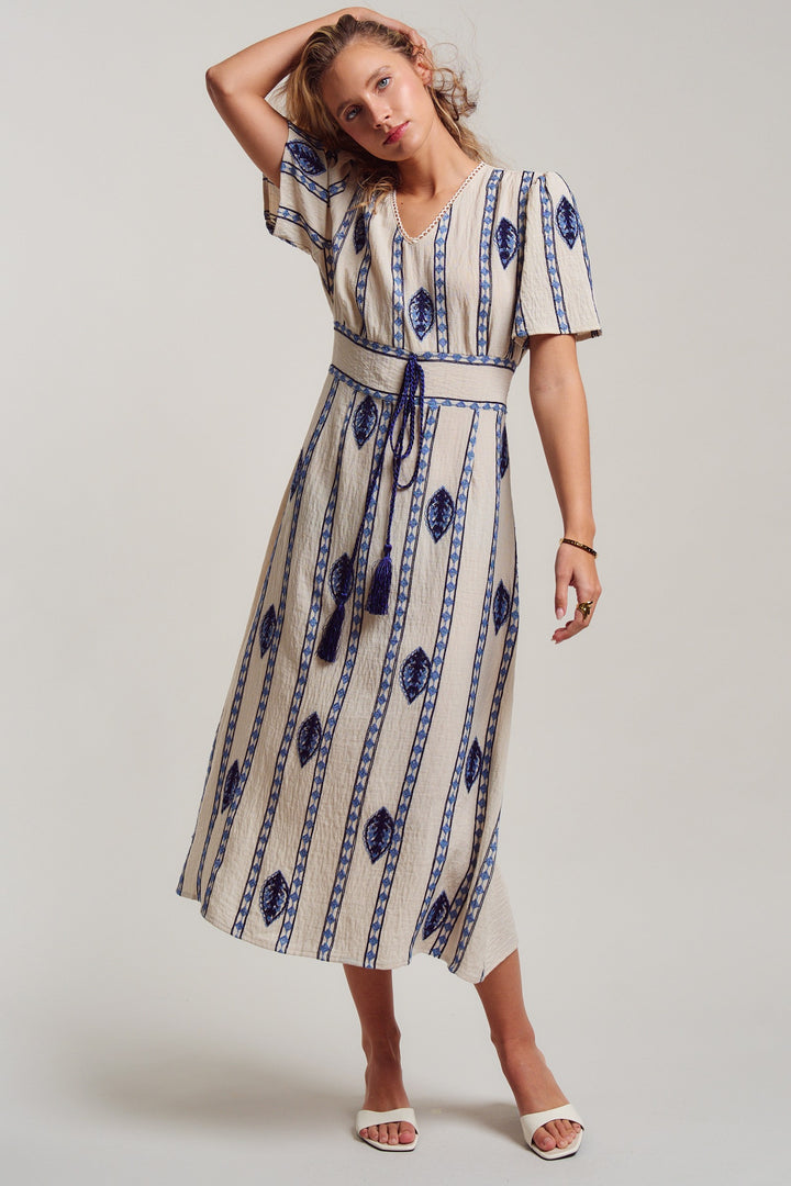 malta stripe embroidered camp midi dress - cream blue (additional view)
