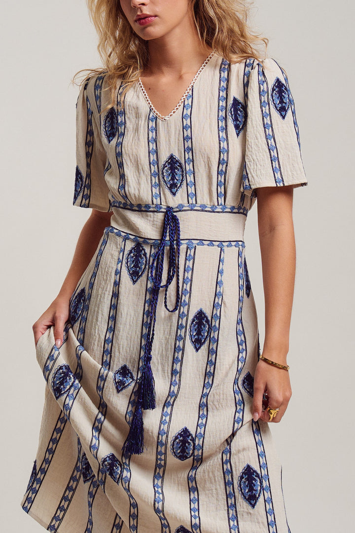malta stripe embroidered camp midi dress - cream blue (additional view)