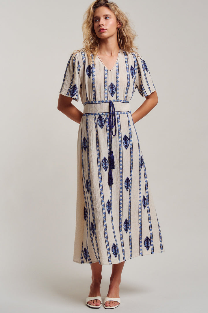 malta stripe embroidered camp midi dress - cream blue (additional view)
