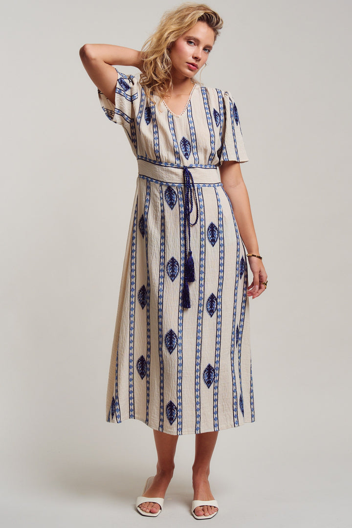 malta stripe embroidered camp midi dress - cream blue (additional view)