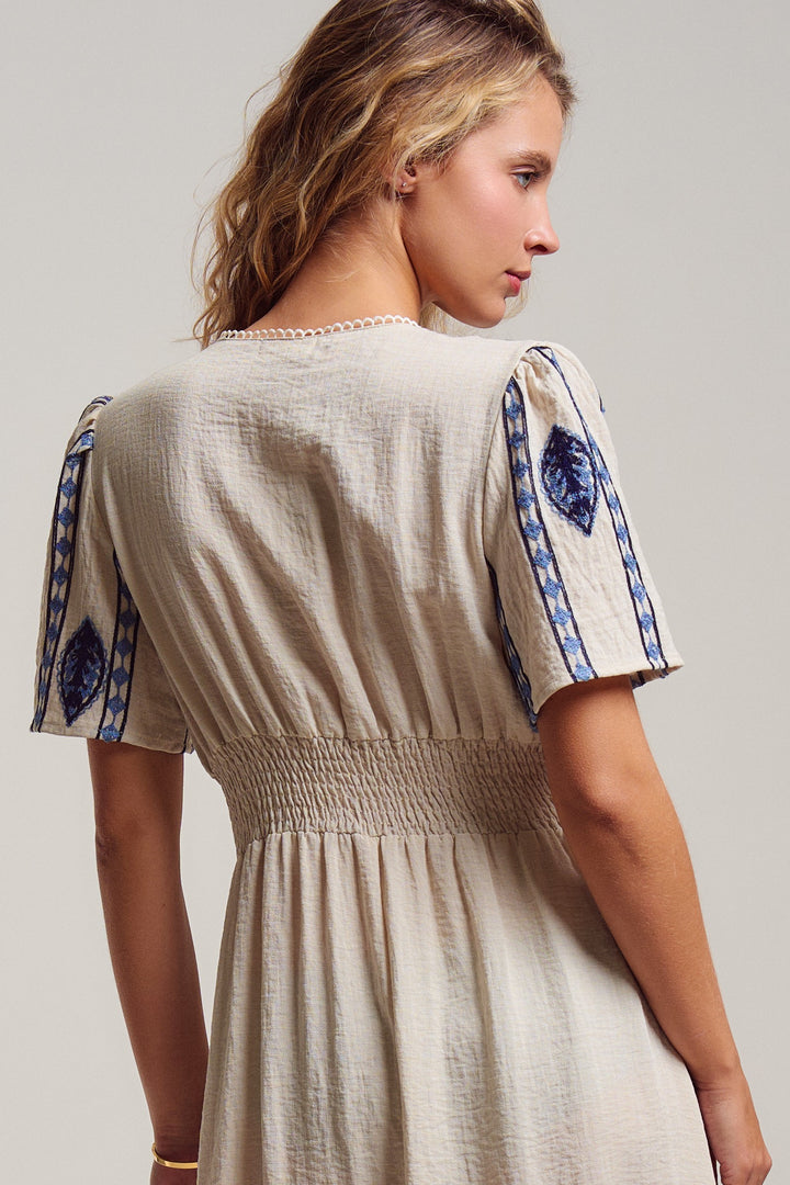 malta stripe embroidered camp midi dress - cream blue (additional view)