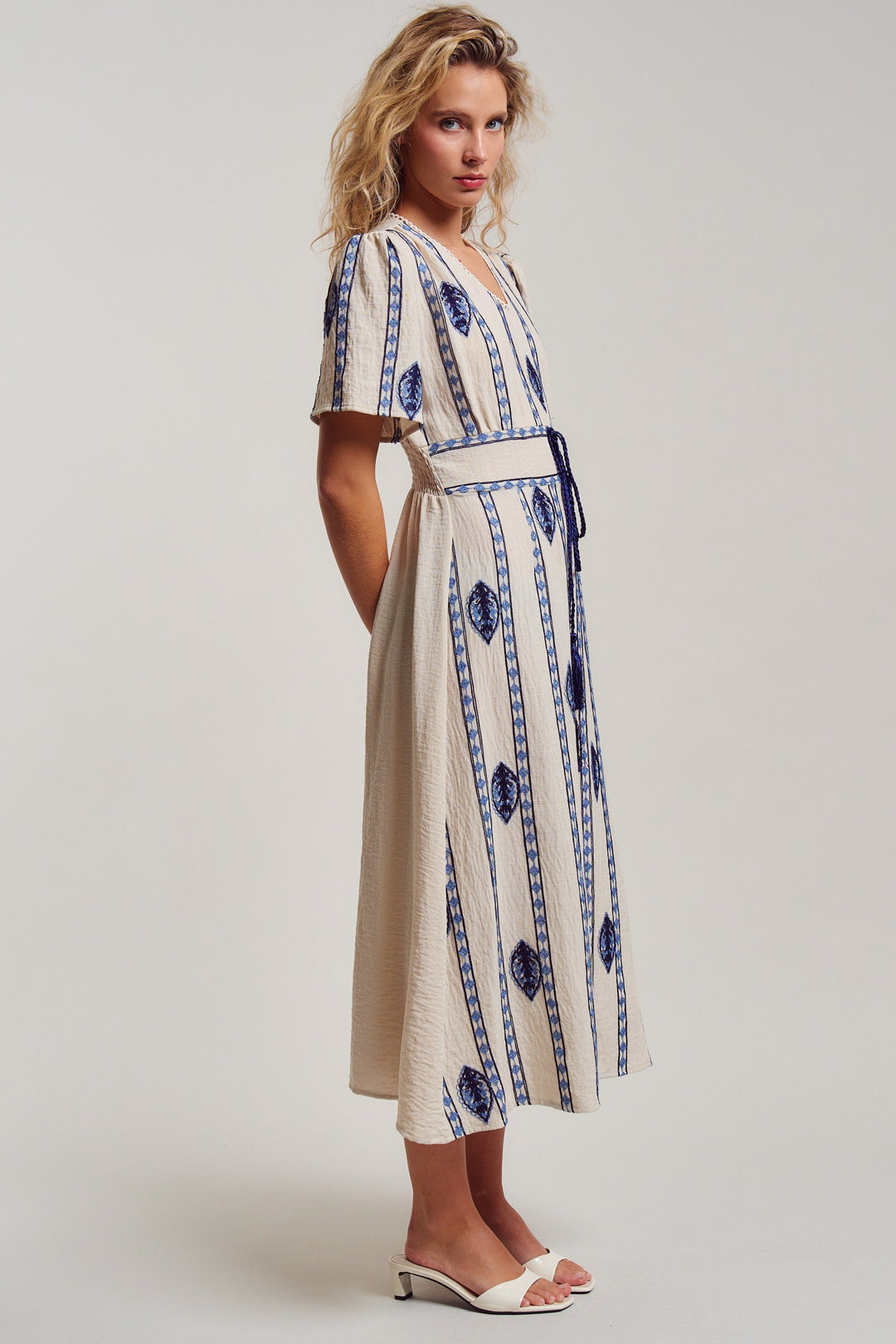 malta stripe embroidered camp midi dress - cream blue (additional view)