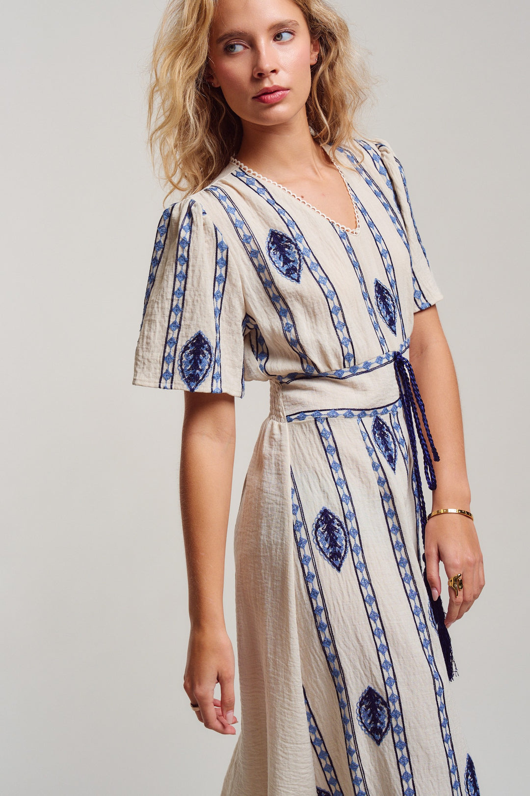 malta stripe embroidered camp midi dress - cream blue (additional view)