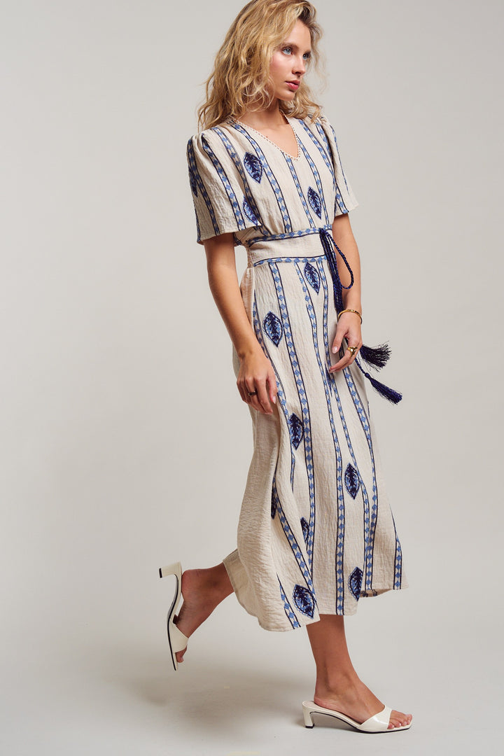 malta stripe embroidered camp midi dress - cream blue (additional view)