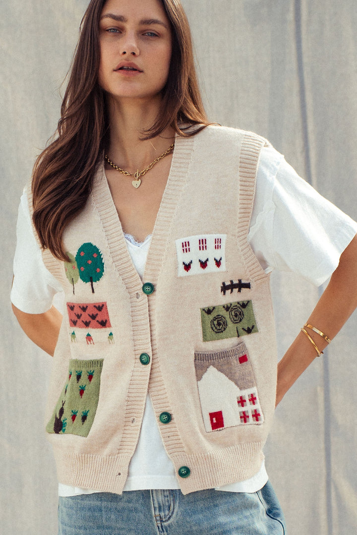 cottage charm intarsia sweater vest - oatmeal