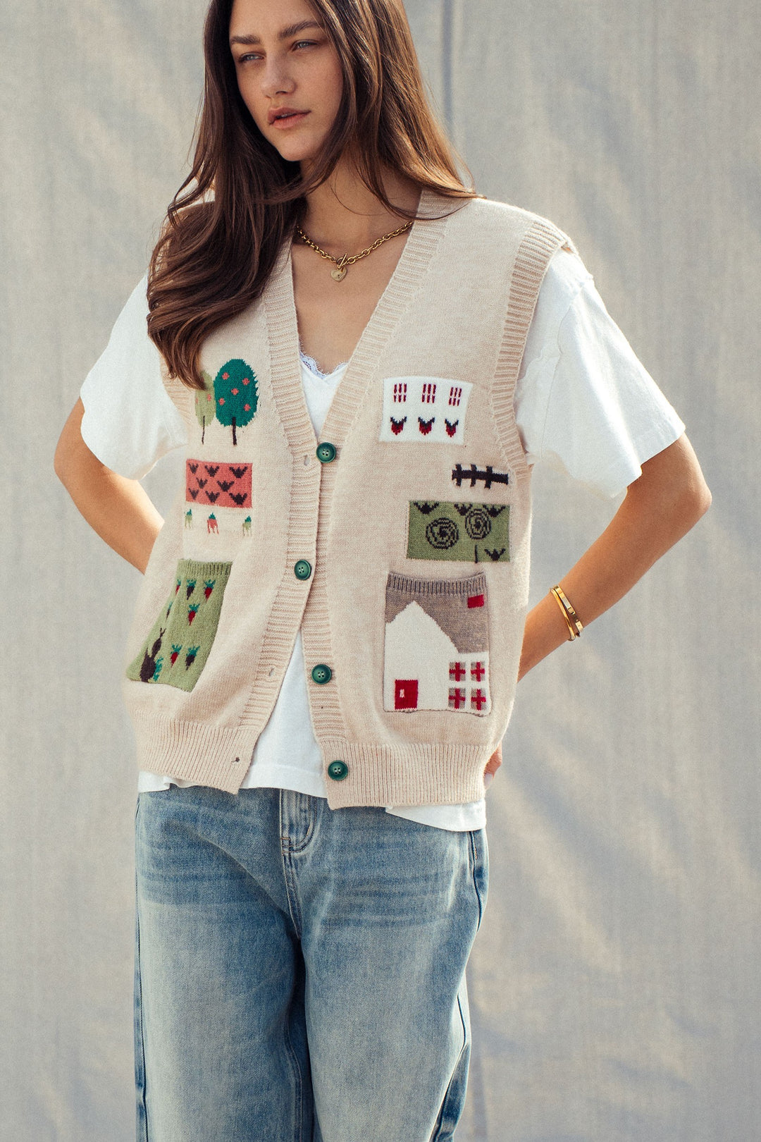 cottage charm intarsia sweater vest - oatmeal (additional view)